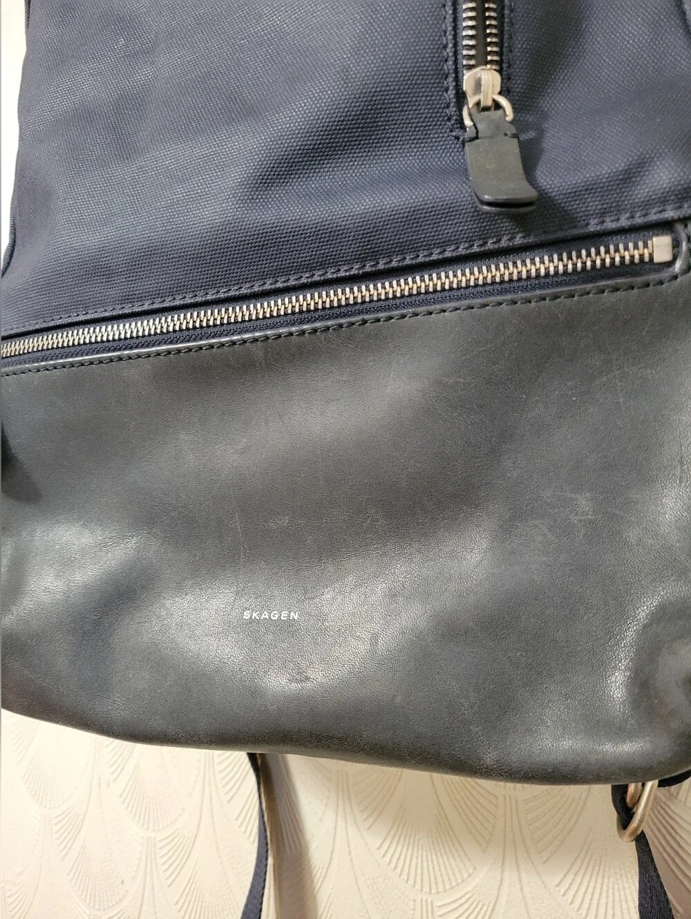 Skagen Kroyer 2.0 Coated Canvas Navy Blue Backpack Utility Bag Faux Leather